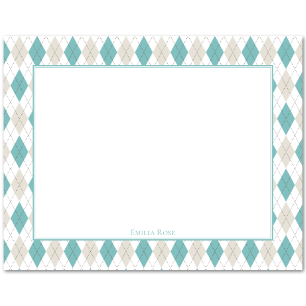 Womens Flat Stationery Note Cards A2 - Teal Argyle Border