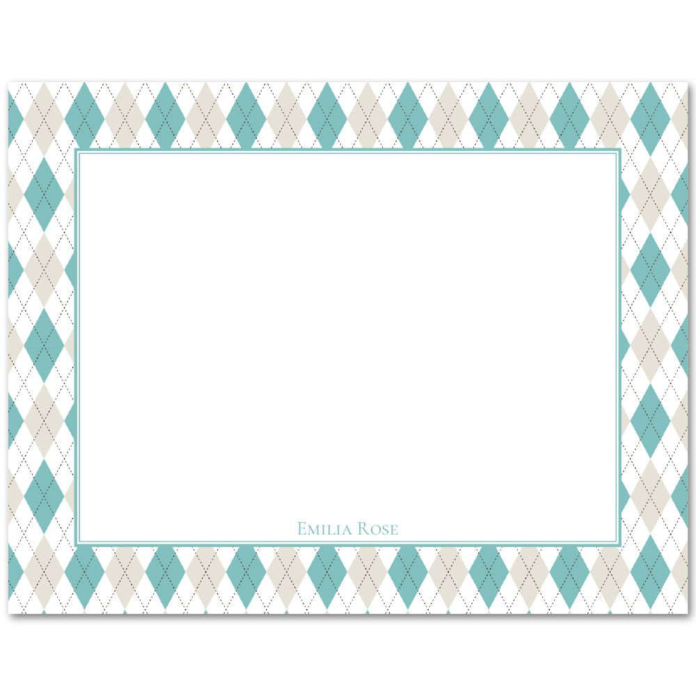 Womens Flat Stationery Note Cards A2 - Teal Argyle Border