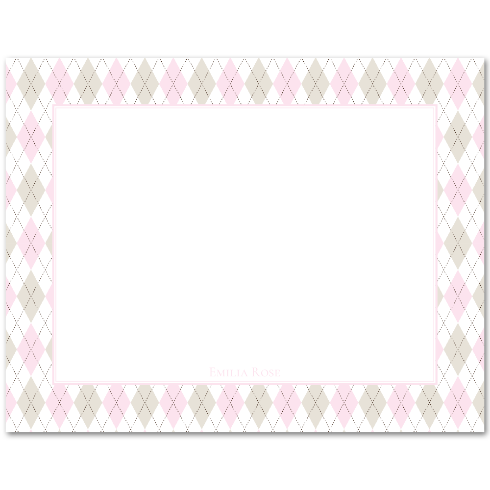 Womens Flat Stationery Note Cards A2 - Pink Argyle Border