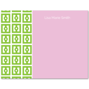 Women's Flat Note Cards (A2): Green Squares with Pink Background